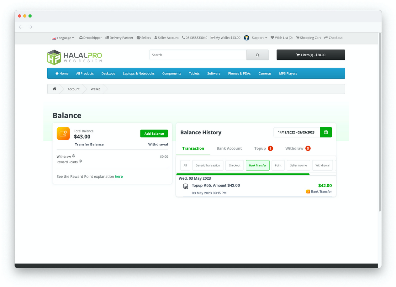 hp e wallet system dashboard on opencart front pag